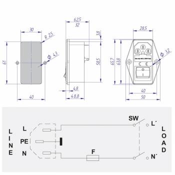 Netzfilter mit Kaltgerätedose Ein/Aus Schalter  6,3mm Faston